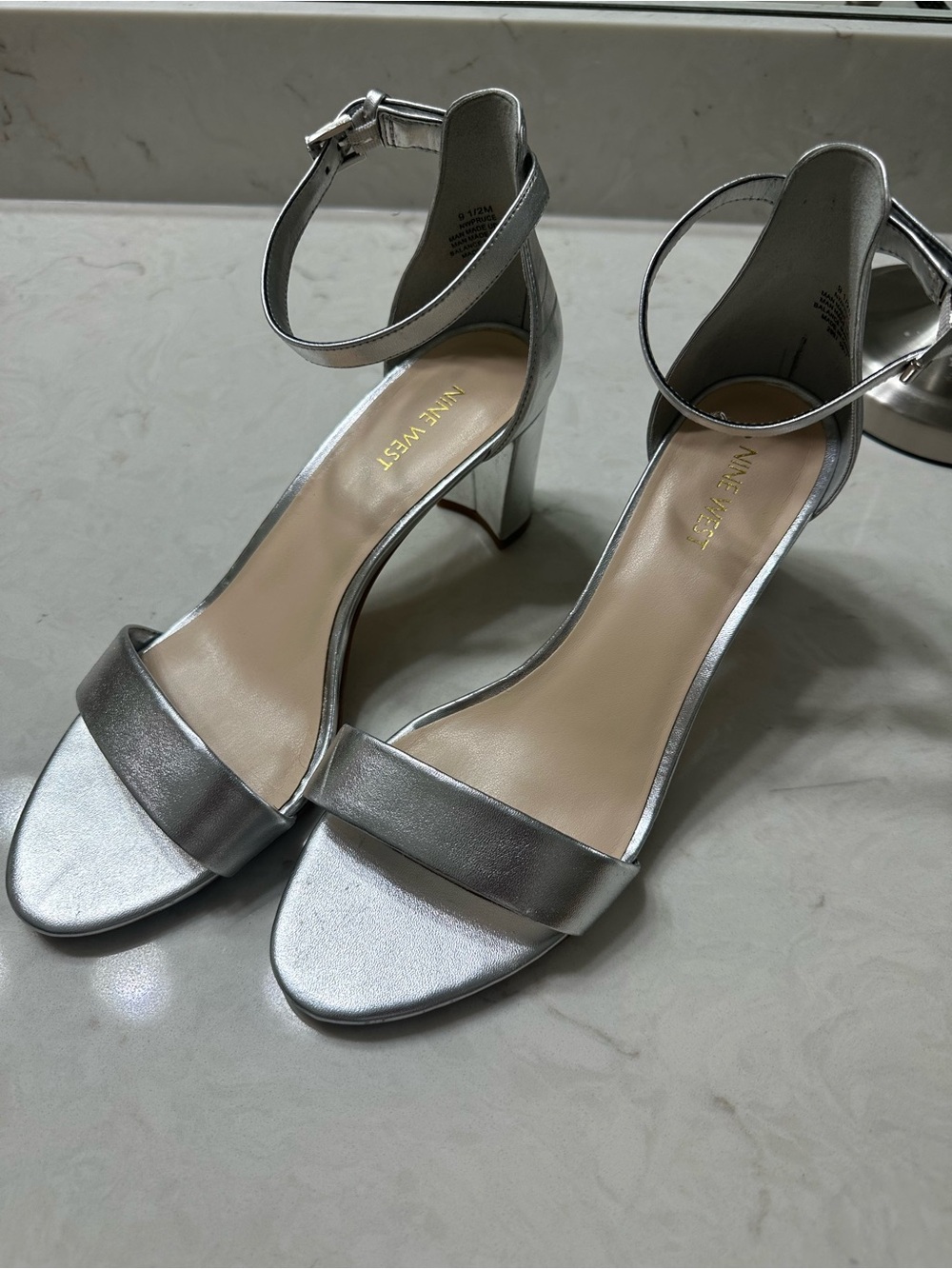 Nine West Metallic Silver Open-Toe Ankle-Strap Block Heels, 9.5 M